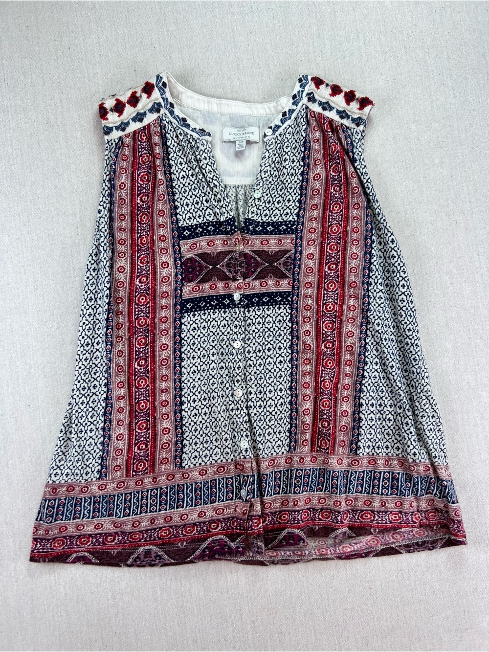 Women's Red & Navy Patterned Sleeveless Boho Indie Fun Effortless Flowy Top - PS